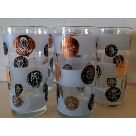 Set Of 7 Vintage Frosted Coin Design High Ball BarGlasses 22 kt Gold Rim Display - Picture 2 of 6